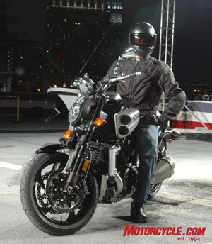 Star Motorcycles unveiled the long-awaited 2009 Yamaha V-Max on the flight deck of the USS Midway last night. The man in black is Yamaha test rider Mike Ulrich, who's one of the few people to have ridden it so far. 'It's no R1,' he admitted to us, 'but it corners a lot better than the old one.'
