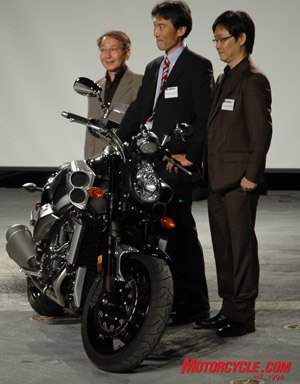 Atsushi Ichijo, who designed the original V-Max, along with project leader Mr. Nakaaki and the designer of the new bike, Mr. Umemoto.