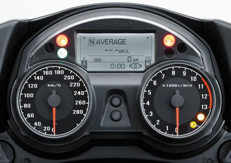In the updated LCD and dash area we can see indicators for K-ACT and KTRC. The double circle in the lower right of the LCD is displaying high-combined mode of the linked ABS (K-ACT). When in low-combined the “parenthesis” around the circles disappears. The lower orange KTRC indicator in the tachometer is illuminated when KTRC is disabled. When enabled the light is off, and when KTRC is working it flashes.