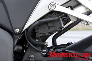 Here’s we can see the rear power unit, one of  the few C-ABS components visible. The five components that make up the  new C-ABS are located on the bike in places that complements  mass-centralization.