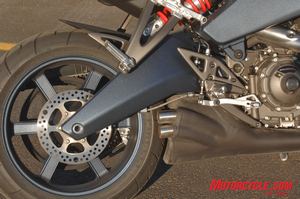 There's no black gold in this Buell swingarm. Note the visual absence of the rear brake caliper.