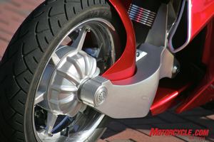 Massive aluminum castings make up the V-REX’s swingarm front suspension that is damped by an adjustable shock mounted vertically behind the front wheel.