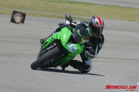 The ZX-6R, though not quite as quick as the Daytona on initial turn-in, is otherwise wonderfully easy to steer and predictable throughout the turn.