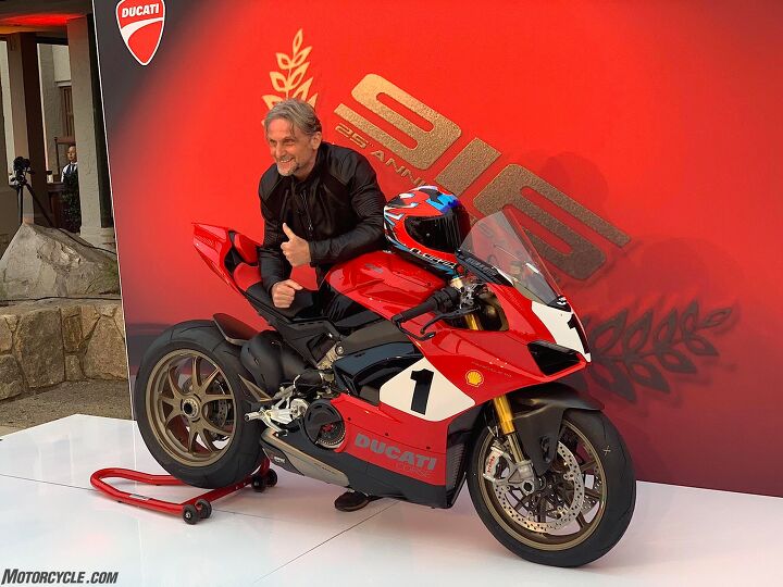 Ducati broke out four-time WSBK champ Foggy to unveil the Panigale V4 25° Anniversario 916, which he nearly crashed in the wet grass en route to the stage.