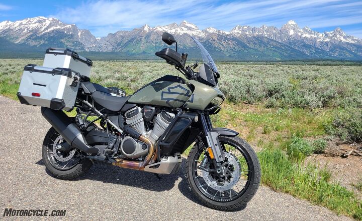 harley-davidson pan america in front of the grand tetons