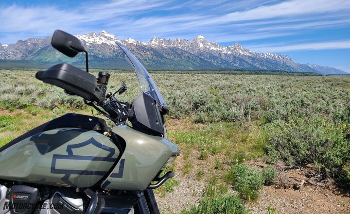 harley-davidson pan america in front of the grand tetons
