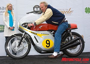 Virgil Elings of the Solvang Motorcycle Museum in fine form for taking first place in Competition, 1950-1977 aboard his Honda RC 181-500. Hailwood rode this bike to victory over Agostini the last time the two greats raced against each other. 