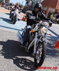 Demo rides during Bike Week had a surprisingly strong demand considering the reduced attendance this year. Here Duke adds one more to Victory Motorcycle's total, riding the Corey Ness Signature Jackpot.