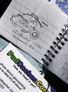 A typical logbook includes signatures, presonal hand-stamps and the occasional business card promoting either more cachers, caches or geocaching related websites. 