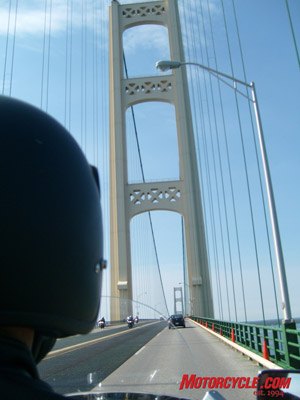This bridge’s 50-year-old back is still pretty strong, as is the back of a certain 50-year-old motorcycle adventurer riding across the 5-mile-long wonder.
