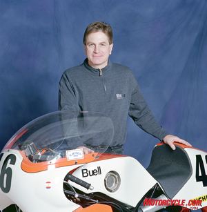 Erik Buell’s first motorcycle was this four-cylinder, 750cc two-stroke animal, the RW750. Erik says there were spots in its powerband where the engine would gain 40 horsepower in just 500 rpm! Can you say “light switch?” 