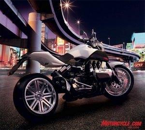 Honda's EVO6 concept takes the popular big-displacement streetfighter class one step further, using a modified version of the Gold Wing's 1832cc flat-Six.  If this thing ever reaches production, the new V-Max better watch its back!