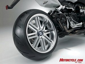 The trio of MotoGP-style slash-cut megaphones and the massive rear tire make it clear that Honda's designers have been taking inspiration from the custom-sportbike movement.