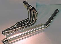 The GMS four-into-two-into-one stainless steel exhaust system. Not shown are the stainless manifold spigots that the head pipes connect to, the canister clamp and rubber grommet, and the springs that hold the whole collection together. 