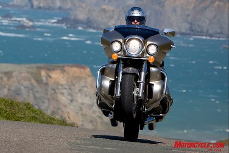 With more than 100 ft-lbs of torque in the 2000-rpm range, the Voyager's 1700cc V-Twin offers enough grunt to hoist the front tire.