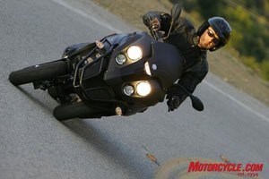 Fonzie describes the tilting three-wheeler MP3 500 as the Darth Vader of scooters. It's amazing what it can do on a curvy road.