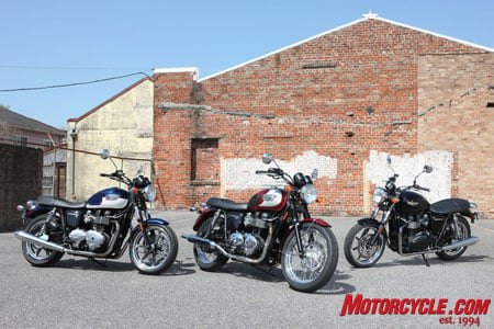 The new Bonneville family. The T100 is flanked by the SE on the left and basic Bonneville on the right. Both the Bonneville and SE receive cast-aluminum 17-inch wheels, lower seat and closer handlebars.