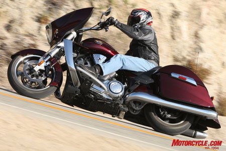 The CC's saddlebags are some of the roomiest according to Victory. However, they're not quite as roomy as their shape implies. Note the large chrome portion of the crash guard just ahead of the floorboard.