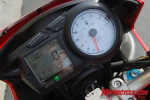 The white-faced tach is easy to see though it lacks an obvious redline indicator, like virtually all Ducs. Quick glances at the big LCD are informative, especially considering the numerous items (over 10 available) on display.