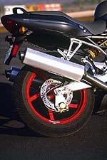The Ducati features a nice Ohlins shock, working without linkage, and a new, 40-percent stiffer swingarm.