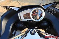 Both instrument packages have a good mix of a centrally placed tach joined with an LCD panel. Here we can see the compactness and simplicity of the Triumph’s display.